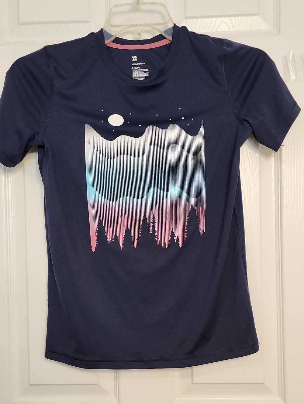 all in motion Navy Short Sleeve Tee with Pink and Blue Mountain Graphic